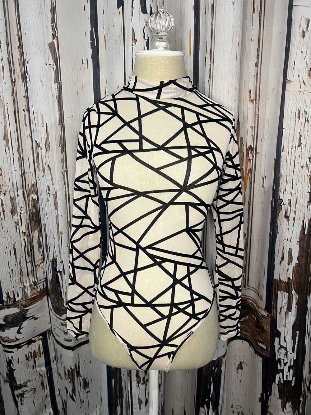 The Vintage Shop Black & Cream Geometric Mock Neck Bodysuit
